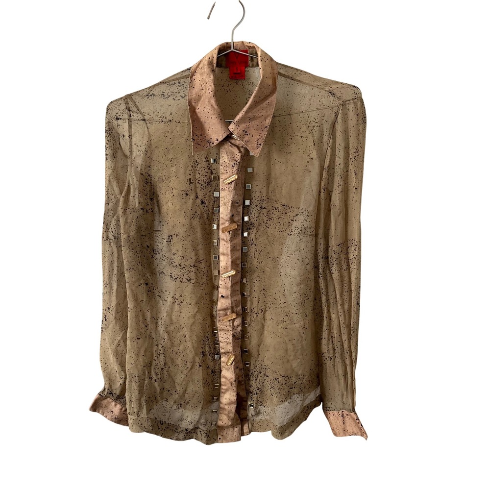 Very Vera 100% Silk Sheer Studded Splatter Print Toggle Blouse Tan Small